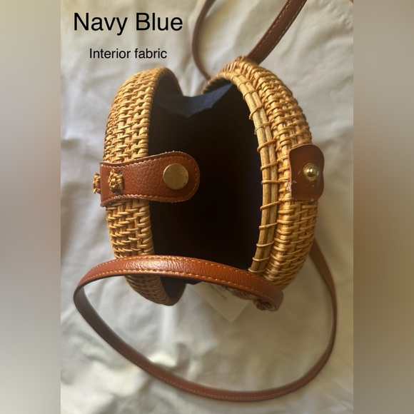 Penelope Case Handbags - Brown Rattan Crossbody Bag (Navy Interior Fabric)